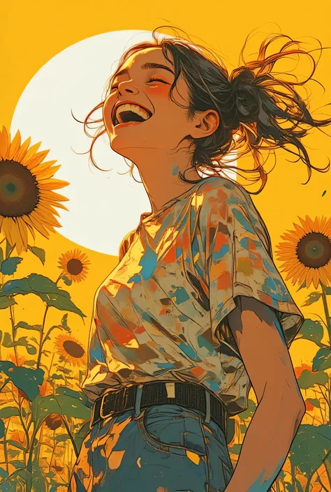   Woman Laughing Madly ,Backlit Sunlight  ,sunflower,  Pop Art painting  , Pop Art , ( Collage ), added  details,  Close-up shot, a contemporary artistic Collage, graphic  details, cut out Collage,  details,   Profile Artwork , digital Collage,teeth, jeans...