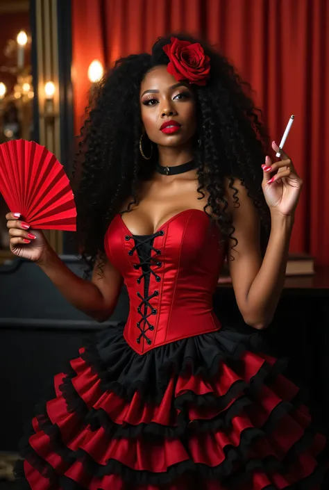  black woman,  long curly hair ,  wearing a red corset , long round skirt with 7 ruffles black and red,  Red lipstick, Red rose flower in the hair, holding a red fan , a cigarette with a background image of a cabaret 