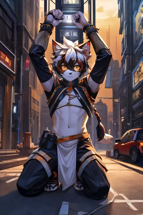 Score_9, (( actual , Extremely detailed)),  masterpiece,Science Fiction, City,  solo furry anthro male (cat) aakarknights , beard, White hair,  bangs,   hair covering one eye,Single Braid , Golden sclera , Narrow pupils ,  has metal cuffs on the wrist ,  w...