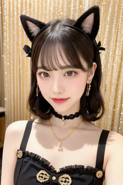 A highly detailed, surreal portrait of a young woman in a cute cat-themed outfit. She has straight dark brown hair cut into a sleek bob with plenty of bangs, and large, expressive eyes with a playful sparkle. She wears fluffy black cat ears with subtle gol...