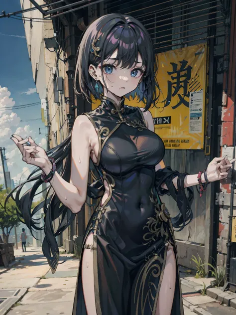 perfect anatomy, correct body, very Slim body, narrow waist, earring, black hair, short hair, hair ornament, big breasts, long torso, sweat, outdoor, indigo cheongsam, (sleeveless, bare arms:1.2),