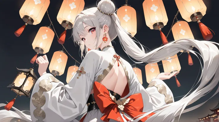 (character focus, from below, facing at viewer, back view), panorama, (1girl, solo, beautiful Bun-style twin tails, white & gray hair), Lantern earrings, the earrings are luminous, Women's traditional clothing, holding a lantern in his hand, BREAK Beautifu...