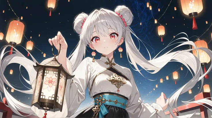 (anime keyvisual, character focus, at viewer), panorama, (1girl, solo, beautiful Bun-style twin tails, white & gray hair), Lantern earrings, the earrings are luminous, Women's traditional clothing, holding a lantern in his hand, BREAK Beautiful and colorfu...