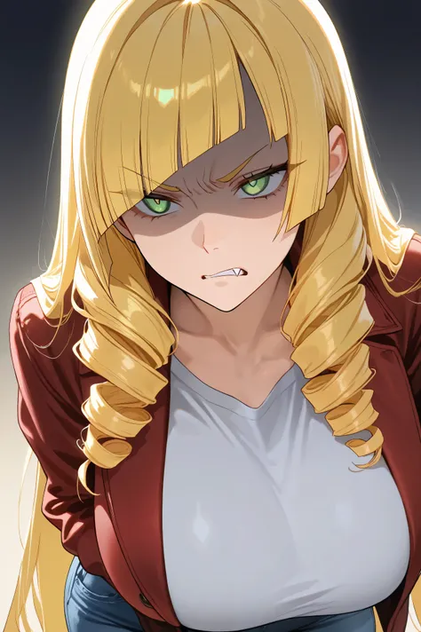 Big breasts, 1 girl, thick thight, annoyed, drill hair, blonde, jacket, green eyes, tall, diagonal bangs, long straight hair, fang, small head, big girl, small pupils, white shirt, jeans, small pupil, shaded face