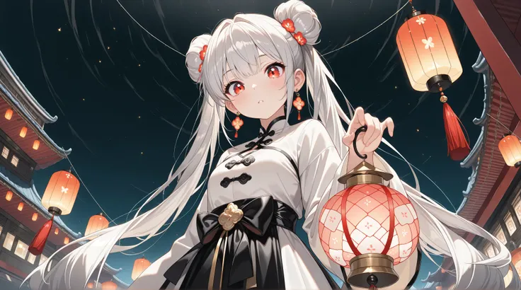 (character focus, from below, facing at viewer), panorama, (1girl, solo, beautiful Bun-style twin tails, white & gray hair), Lantern earrings, the earrings are luminous, Women's traditional clothing, holding a lantern in his hand, BREAK Beautiful and color...