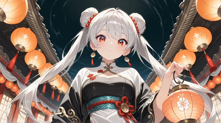 (character focus, from below, facing at viewer), panorama, (1girl, solo, beautiful Bun-style twin tails, white & gray hair), Lantern earrings, the earrings are luminous, Women's traditional clothing, holding a lantern in his hand, BREAK Beautiful and color...
