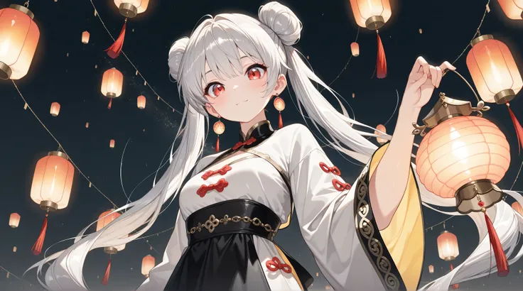 (character focus, from below, facing at viewer), panorama, (1girl, solo, beautiful Bun-style twin tails, white & gray hair), Lantern earrings, the earrings are luminous, Women's traditional clothing, holding a lantern in his hand, BREAK Beautiful and color...