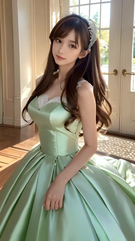 (((top quality))), (((masterpiece))), (((details))), tall, looking at camera, face-to-face, girly empire length wedding dress with mint green shiny silk satin ruffle, hands thrust forward, Japanese, brown hair, long hair, gorgeous room,. Gorgeous ribbon ha...