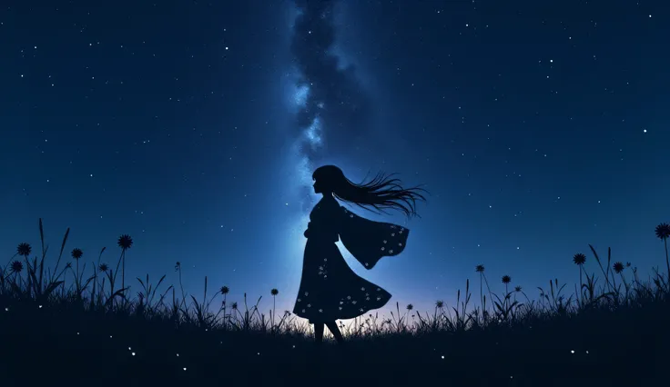 masterpicece, best quaility, night, prairie, dancer, girl, long hair, kimono,  dancing under the milky way, Only silhouette visible, dreamy atmosphere, fantasic