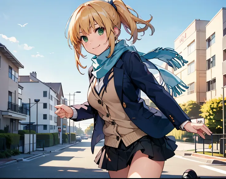 blond long hair GREEN EYES ponytail on panty cute girl smile high school girl check skirt、 beige cardigan navy blue blazer Large scarf Hi-Res, accurate, top quality, anatomically accurate, residential area Outdoors Alone...