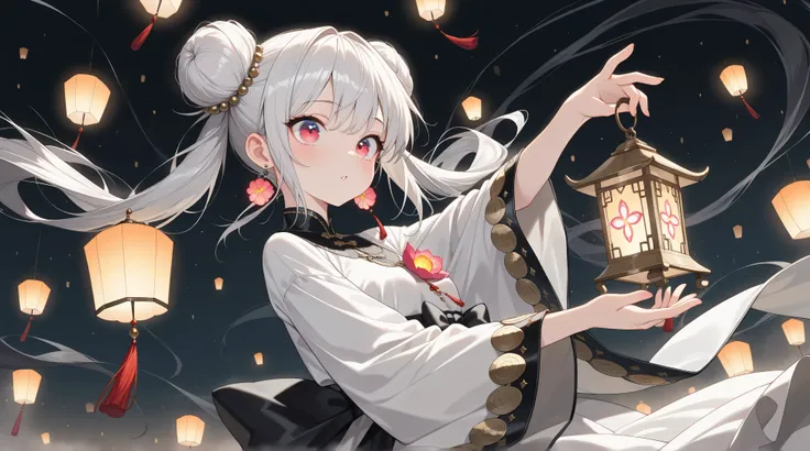 panorama, (1girl, solo, beautiful Bun-style twin tails, white & gray hair), Lantern earrings, the earrings are luminous, Women's traditional clothing, holding a lantern in his hand, BREAK Beautiful and colorful lanterns\Shine brightly\Detailed decoration, ...