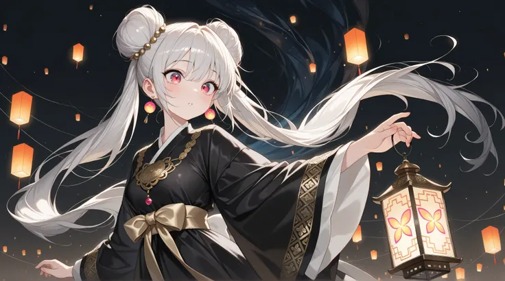 panorama, (1girl, solo, beautiful Bun-style twin tails, white & gray hair), Lantern earrings, the earrings are luminous, Women's traditional clothing, holding a lantern in his hand, BREAK Beautiful and colorful lanterns\Shine brightly\Detailed decoration, ...