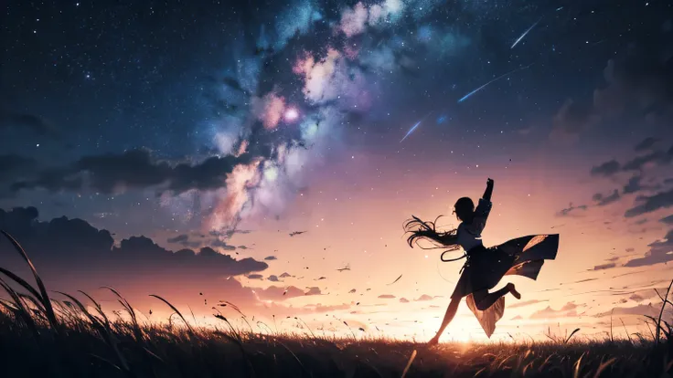 masterpicece, best quaility, night, prairie, dancer, girl, long hair, kimono,  dancing under the milky way, Only silhouette visible, black and white drawing, dreamy atmosphere, fantasic