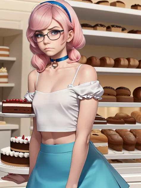 Belle Delphine, (Belle Delphine:1.5), masterpiece quality, (masterpiece quality:1.3), detailed, realistic, (realistic:1.3), 1girl, solo, (solo:1.9), 20 years old, in a bakery, (in a bakery:1.5), lots of cake in background, (lots of cake in background:1.5),...