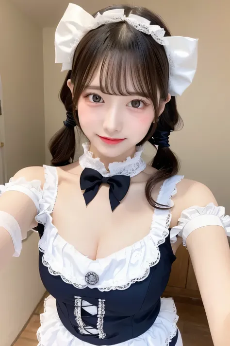 A girl takes a selfie. She is wearing a cute and elegant maid outfit. The girl has medium length black hair styled in twin tails with straight bangs. The dress is light blue with white lace detailing, a large decorative bow and a jewel ornament in the cent...