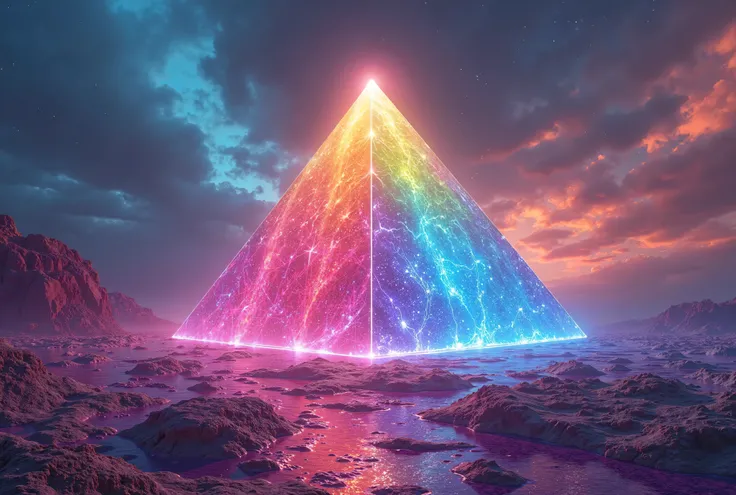  A massive, glowing rainbow crystal pyramid stands in the center of a vibrant, alien desert. The sky above is filled with swirling colors, and the pyramid’s facets shimmer with multi-dimensional light. The ground is a kaleidoscope of fractal patterns that ...