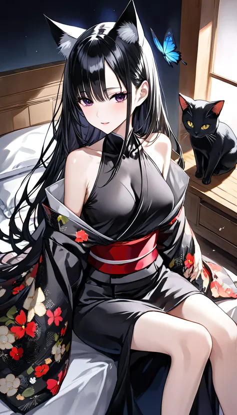 (( alone、The girl is wearing a loose kimono 、 The girl poses gracefully while sitting :1.4、, fine face 、 bright face color 、Younger than , Brighter, Skin Whitening 、Look your best、 super beauty 、Shiny black hair、 shiny bright hair ,、 styling, :1.2、 I dance...