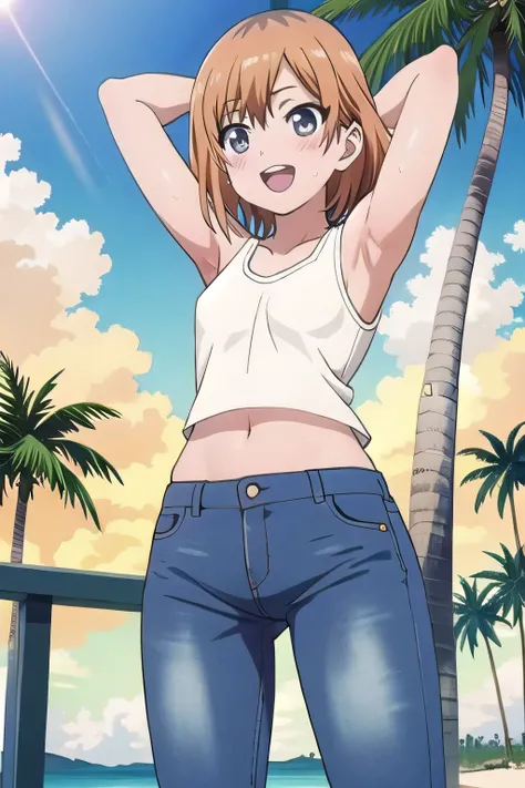 masterpiece,best quality,ultra detail, 1girl, 14yo, petite, ((round face, ecstasy, orgasm face, drooping eyes, shame smiling, blush)), dropping eyes, sleepy, Open mouth, ((White teeth)), background((under the beach, (day:1.2), palm tree, bright sky)), aoi ...