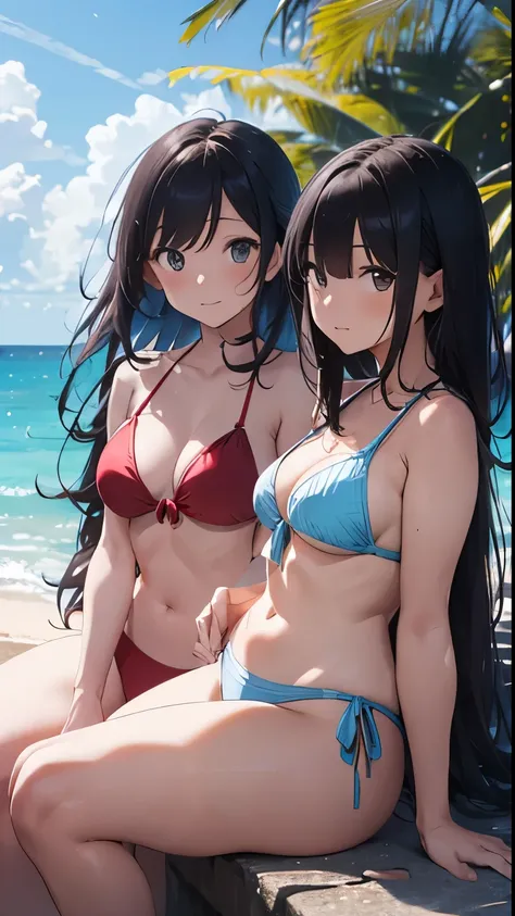 Two young and beautiful Japanese girls stand on the pristine sandy beach of a deserted island, wearing contrasting bikinis—one in a vibrant red bikini and the other in a pure white bikini. One has striking blue hair, while the other has shimmering silver h...