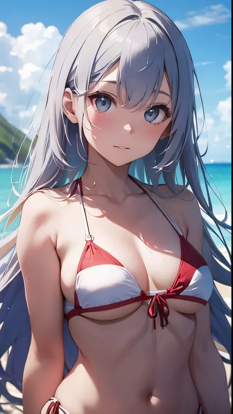 Two young and beautiful Japanese girls stand on the pristine sandy beach of a deserted island, wearing contrasting bikinis—one in a vibrant red bikini and the other in a pure white bikini. One has striking blue hair, while the other has shimmering silver h...