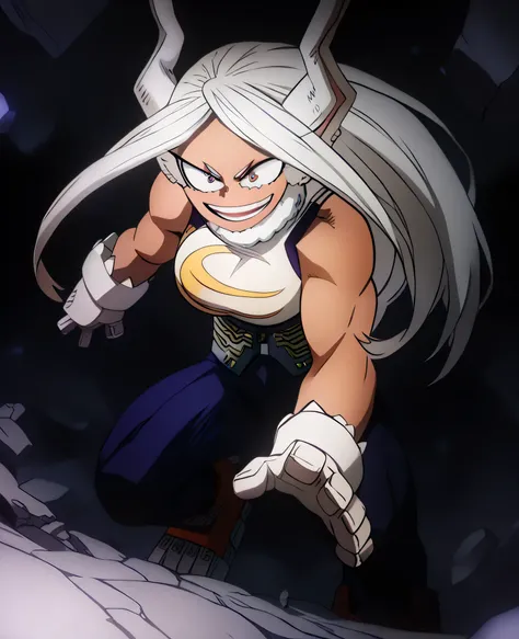  work of art,  top quality,  My Hero Academia | calm |,  dark skin,  sarcastic smile ,  Big breasts ,  of foot,  standing on rubble ,  long white hair, with white ears, heroically stepping .