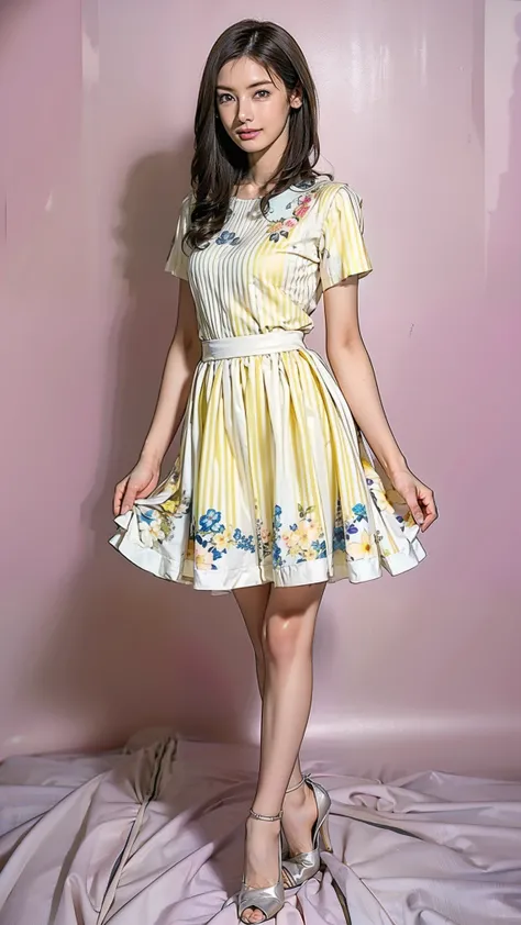 (( Masterpiece)),((( top quality))), thin thighs, long legs,whole body:1.5，( one girl:1.3),( black high heels：1.3),(Wear a floral striped mid-length flared skirt dress:1.2),  curly blond hair  :1.2、Model pose standing with legs apart:1.5， bright expression...