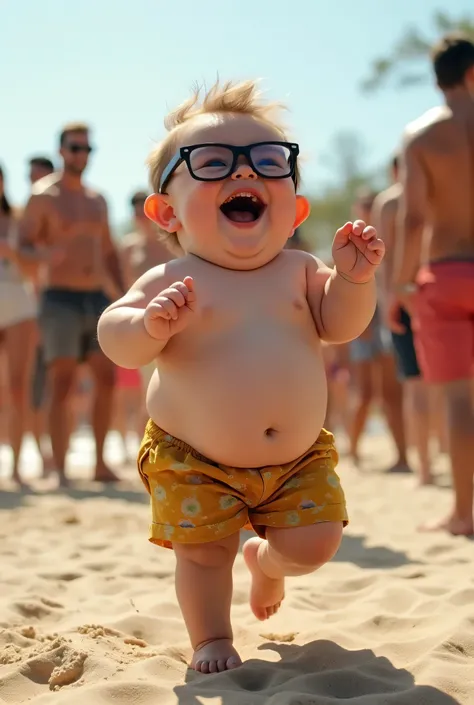 cute, chubby  with a round belly, dressed in shorts and wearing glasses, is joyfully dancing to music. The setting is a stunning, bustling beach where onlookers are captivated by the 's charm. The warm sunlight illuminates the scene, creating a vibrant and...