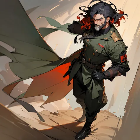 1male, adult, finely detailed red eyes, (curly medium hair), comb over, black hair, grey beard, military combat clothing, baggy combat pants, serious expression, (perfect generation), standing on street, detailed background, gloves, scars, rolled up sleeve...