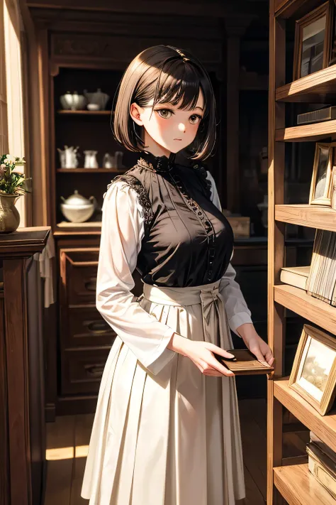 "A sophisticated Japanese woman with dark ash bob hair, dressed in a chic black blouse and a beige pleated skirt, stands inside a vintage antique shop. She gracefully examines an ornate 19th-century picture frame, her expression thoughtful and refined. The...