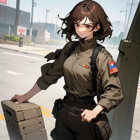 1female, adult, sexy, finely detailed brown eyes, (straight medium hair), dark brown hair, military combat clothing, open military jacket, loose undershirt, oversized baggy combat pants, somber expression, (perfect generation), standing on street, detailed...