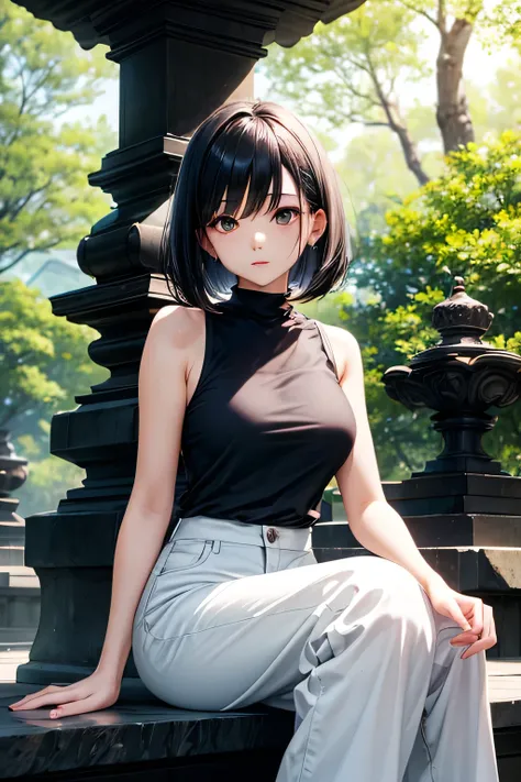 "A poised Japanese woman with dark ash bob hair, dressed in a chic black sleeveless top paired with elegant greige wide-legged pants. She sits gracefully on a stone bench in a serene park surrounded by contemporary sculptures, her gaze contemplative as she...