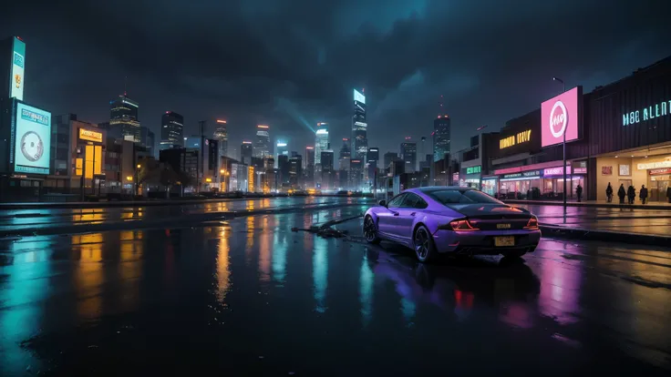 a cyberpunk landscape, neon city, futuristic architecture, glowing skyscrapers, rain, puddles, reflections, dark shadows, moody lighting, dramatic atmosphere, advanced technology, flying cars, holographic billboards, neon signs, saturated colors, blue and ...