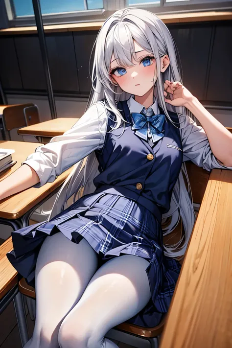  masterpiece,  Studio Quality Photos Showing God's Power , { Studio Quality Photos Showing God's Power }, {{ masterpiece}}, { high resolution},  girl，student，school uniforms，JK ， blue plaid skirt ， white hair ，cute， 1girl ， white pantyhose，beauty， big blue...