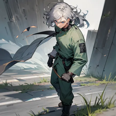 1male, adult, finely detailed azure eyes, (curly wild medium hair), comb over, ash grey hair, military combat clothing, baggy combat pants, serious expression, (perfect generation), standing on street, detailed background, gloves, scars, rolled up sleeves