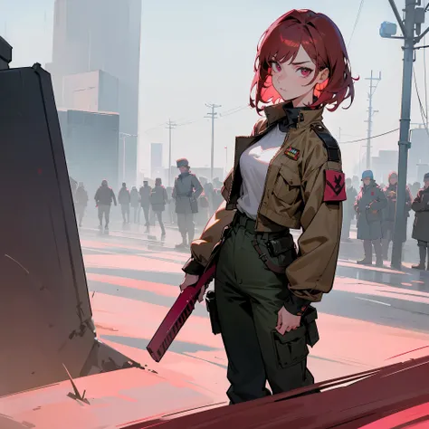 1female, adult, sexy, finely detailed pink eyes, (straight medium hair), dark red hair, military combat clothing, open military jacket, loose undershirt, oversized baggy combat pants, somber expression, (perfect generation), standing on street, detailed ba...