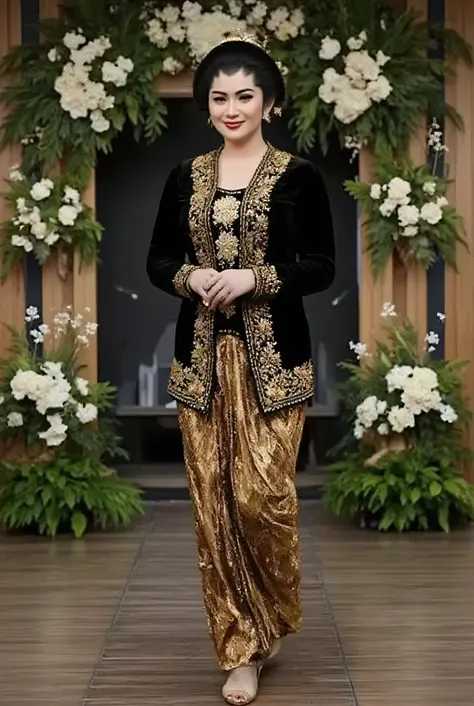 (masterpiece, best quality:1.2), 1woman (( full body))   black kebaya Javanese Traditional, combined with a background of a luxurious decoration of a wedding stage with flower decorations, green leaves and small colorful lights, gracefully walking  towards...