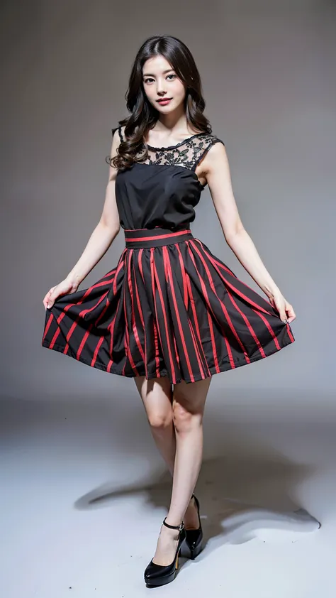 (( Masterpiece)),((( top quality))), thin thighs, long legs,whole body:1.5，( one girl:1.3),( black high heels：1.3),(Wear a floral striped mid-length flared skirt dress:1.2),  curly blond hair  :1.2、Model pose standing with legs apart:1.5， bright expression...