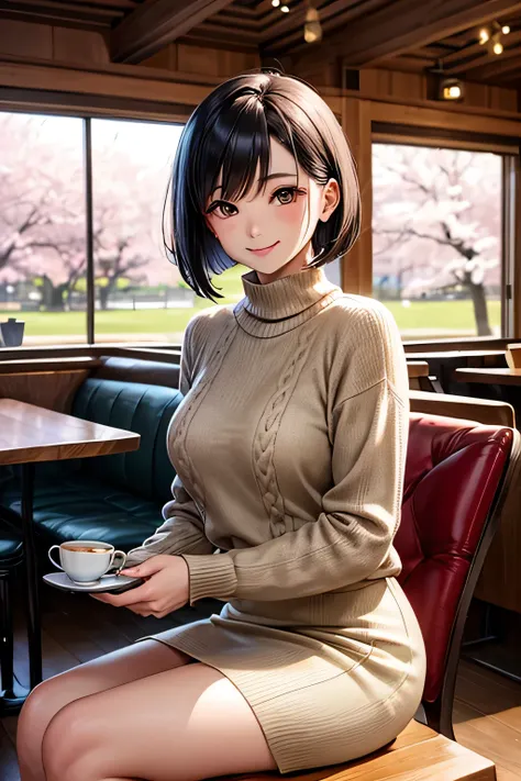 "A sophisticated Japanese woman with dark ash bob hair, wearing a dark green knit sweater and a beige pencil skirt. She sits in a warm, vintage-style café, holding a teacup with a gentle smile. The background features wooden bookshelves, soft lighting, and...