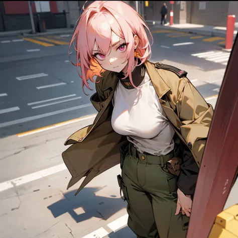 1female, adult, sexy, finely detailed pink eyes, (straight medium hair), dark yellow hair, military combat clothing, open military jacket, loose undershirt, oversized baggy combat pants, somber expression, (perfect generation), standing on street, detailed...