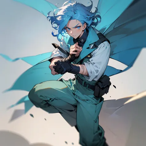 1male, adult, finely detailed azure eyes, (curly wild medium hair), comb over, light blue hair, military combat clothing, baggy combat pants, serious expression, (perfect generation), standing on street, detailed background, gloves, scars, rolled up sleeve...