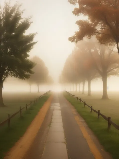 arafed view of a foggy field with a path leading to a tree, misty morning, golden mist, in the morning mist, misty atmosphere, mystical orange fog, early morning mood, foggy morning light, warm beautiful scene, foggy at dawn, beautiful and mysterious, soft...