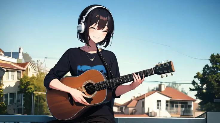 A girl playing accoustic guitar in front of house with headphone, enjoy, smile, coffee, wide view