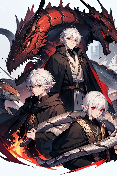 Adult elf male, very buff, pseudo masculine, 25 years old, white hair, red eyes, sadistic, demon, handsome, prince, royalty, black robes with red and silver enhancements, snakes curling all around, snakes attacking, epic, sovereign, king, snake lord, jormu...