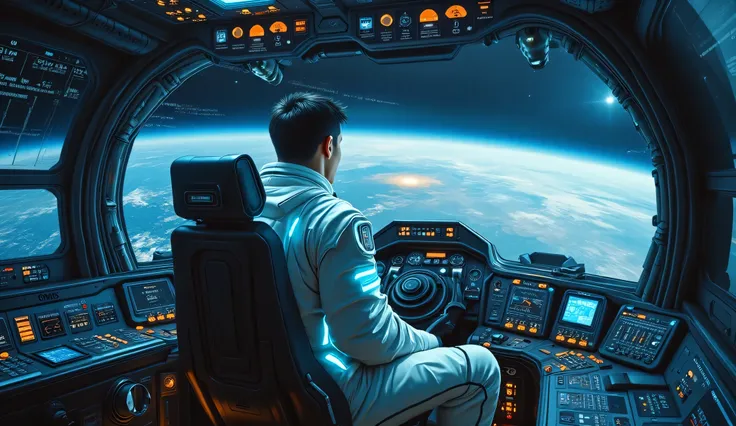 Through the wide , rounded, the spacecraft's cockpit glass can be seen large, blue planet.  The cockpit has dim lights ,  creating an atmosphere of waiting for the important moment .  A man is seen in the center of the frame.  man,  dark hair, he is a brun...