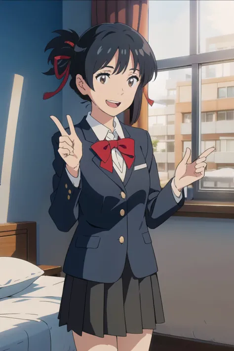 、ribbon、 hotel bed、black uniform blazer、Black uniform skirt、 facing here、 is laughing、