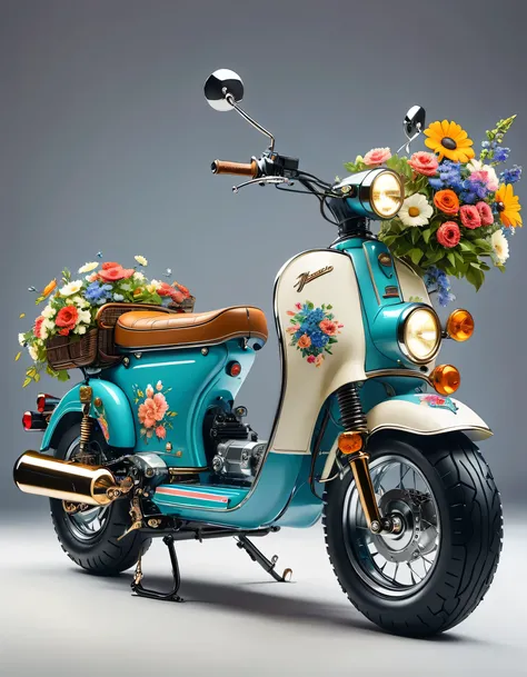 A retro electric motorcycle loaded with flowers, High-quality artworks created by master artists, best quality, Detailed Details