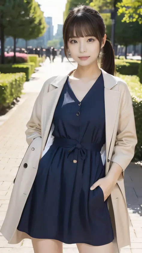 full body shown、A young woman with a neat and elegant appearance, standing and facing forward. She has a ponytail with strands of hair falling on both sides of her face. She is wearing a long dress and a stylish jacket, giving her a refined and graceful l...