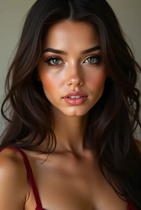 Create a brunette woman as realistic as possible , sexy and beautiful