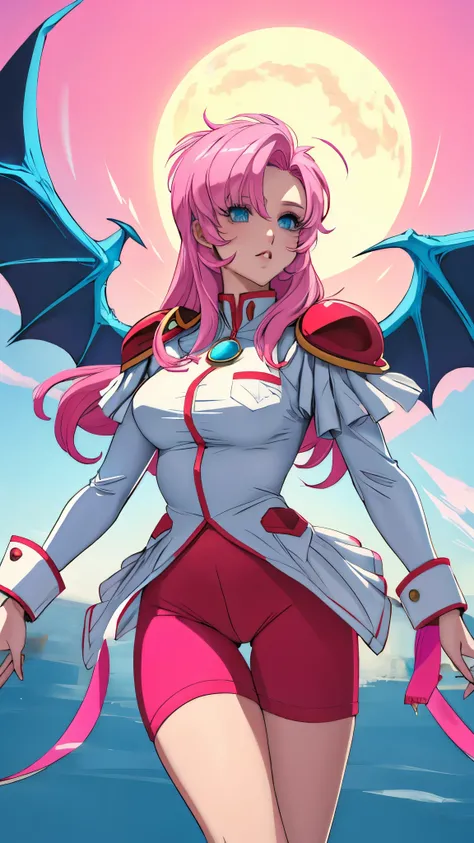 Score_9, Score_8_up, Score_7_up, BREAK, 1girl, solo, utena, white dress, blue bermuda shorts(pants), red shorts, epaulets, aiguillette, cowboy shot, devil wings, white demon wings (gradient color from white to pink), big wings in the background, wings(rogu...