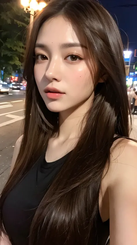 (Top、 high resolution 、 Masterpiece:1.3)、 Beautiful Woman 、 Slim Body 、 dark brown hair 、t-shirt、(City night streets )、 highly detailed facial and skin texture、 A fine eye 、 Double Eyelids、full bodyesbian